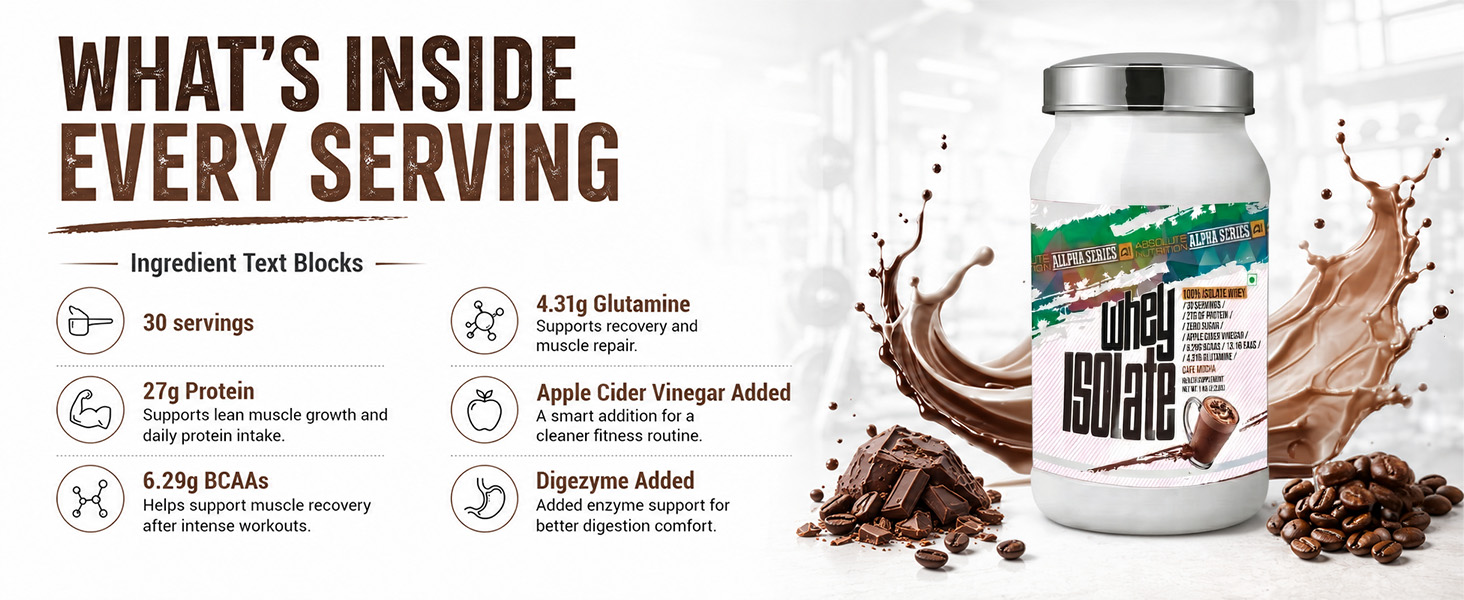 Absolute Nutrition Alpha Series Whey Protein Isolate Powder | 27g Protein per Serving | Zero Added Sugar | DigeZyme Digestive Enzymes | Apple Cider Vinegar | 1kg (Cafe Mocha)