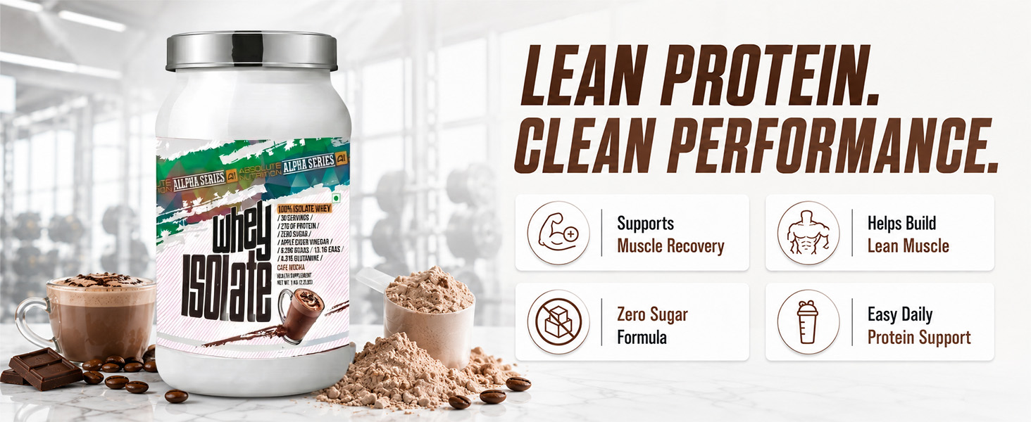 Absolute Nutrition Alpha Series Whey Protein Isolate Powder | 27g Protein per Serving | Zero Added Sugar | DigeZyme Digestive Enzymes | Apple Cider Vinegar | 1kg (Cafe Mocha)