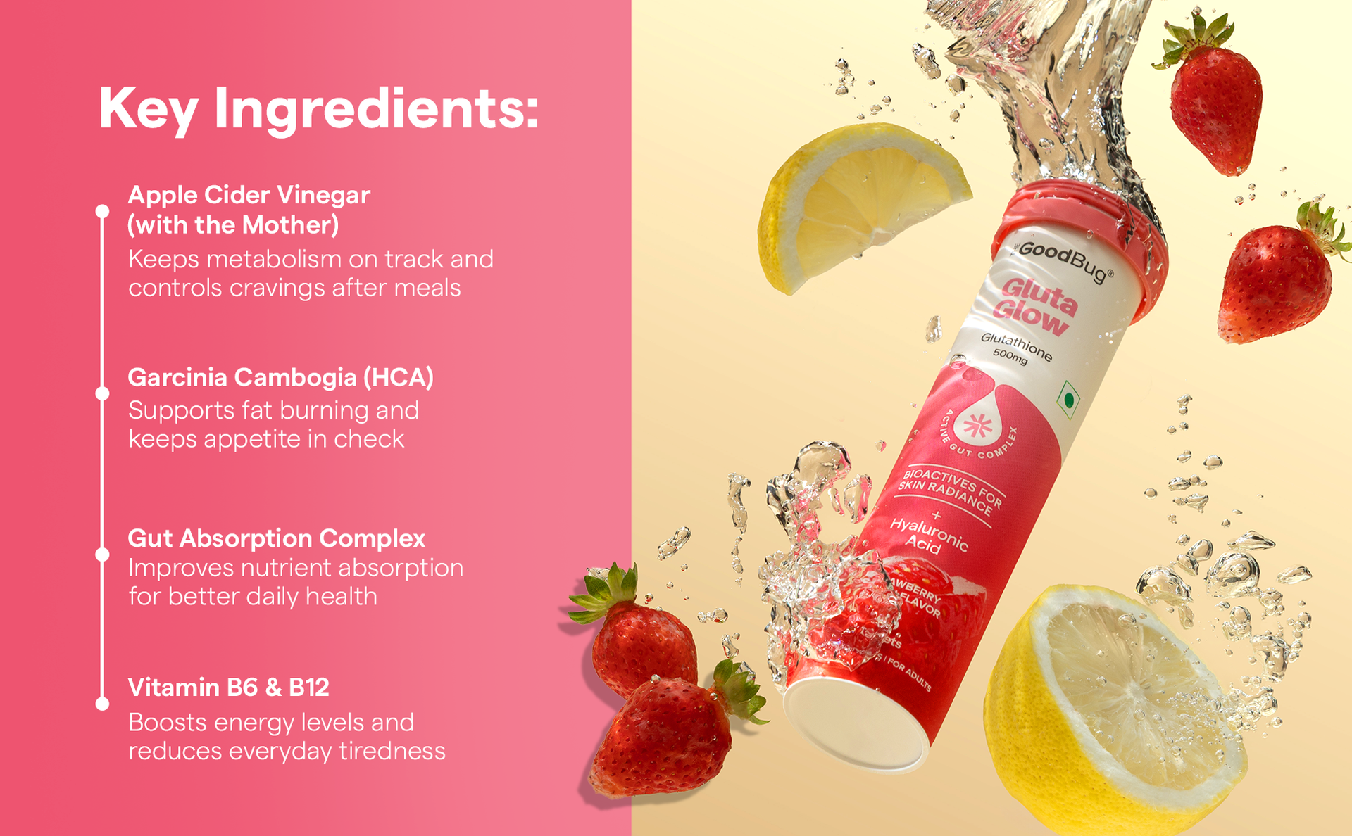 The Good Bug Gluta Glow Effervescent Tablets for Skin Glow | 30 Tablets | 500 mg L-Glutathione, Vitamin C, Hyaluronic Acid For Radiant Skin & Anti-Pigmentation | Strawberry Lemon | No Added Sugar