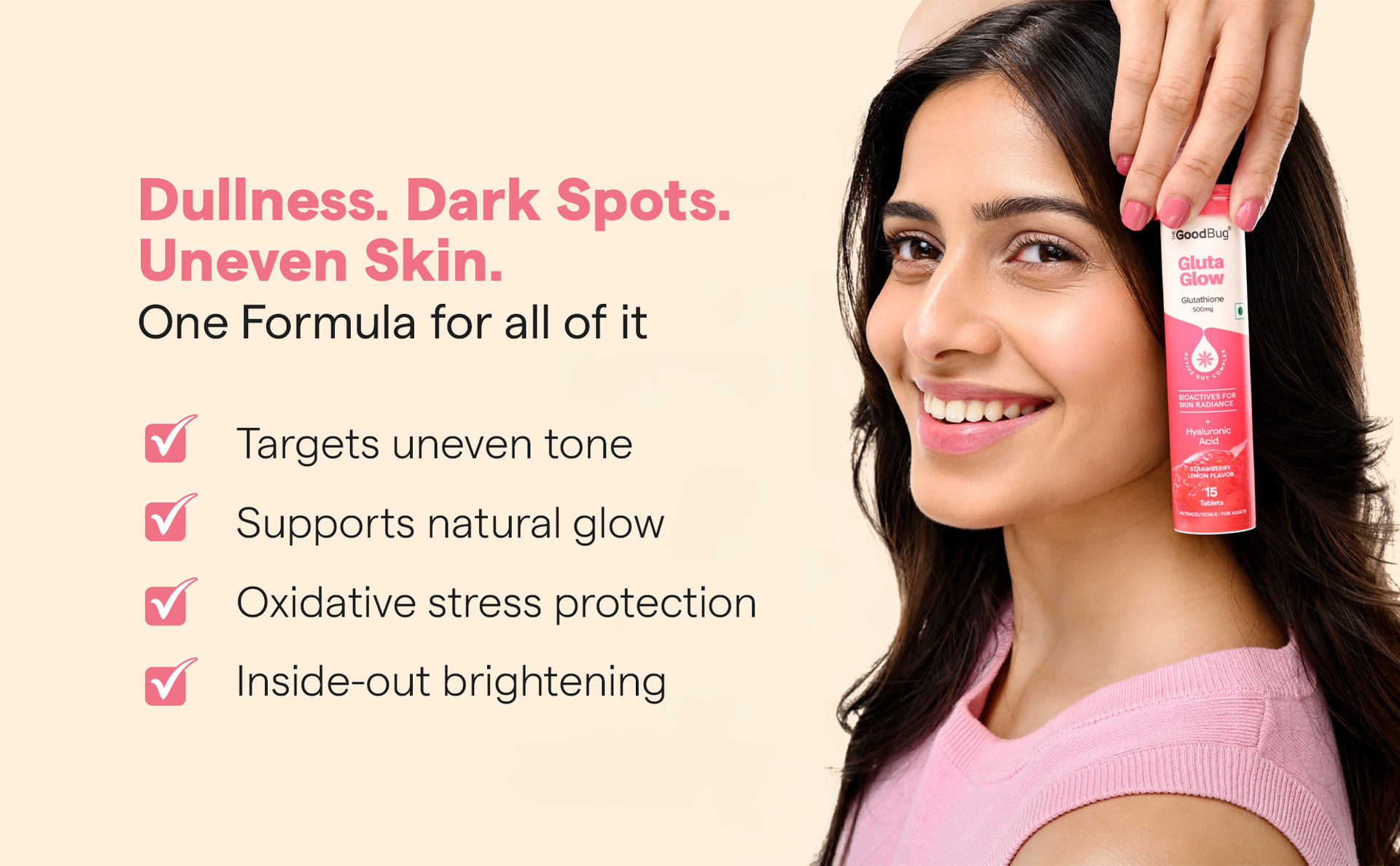 The Good Bug Gluta Glow Effervescent Tablets for Skin Glow | 30 Tablets | 500 mg L-Glutathione, Vitamin C, Hyaluronic Acid For Radiant Skin & Anti-Pigmentation | Strawberry Lemon | No Added Sugar