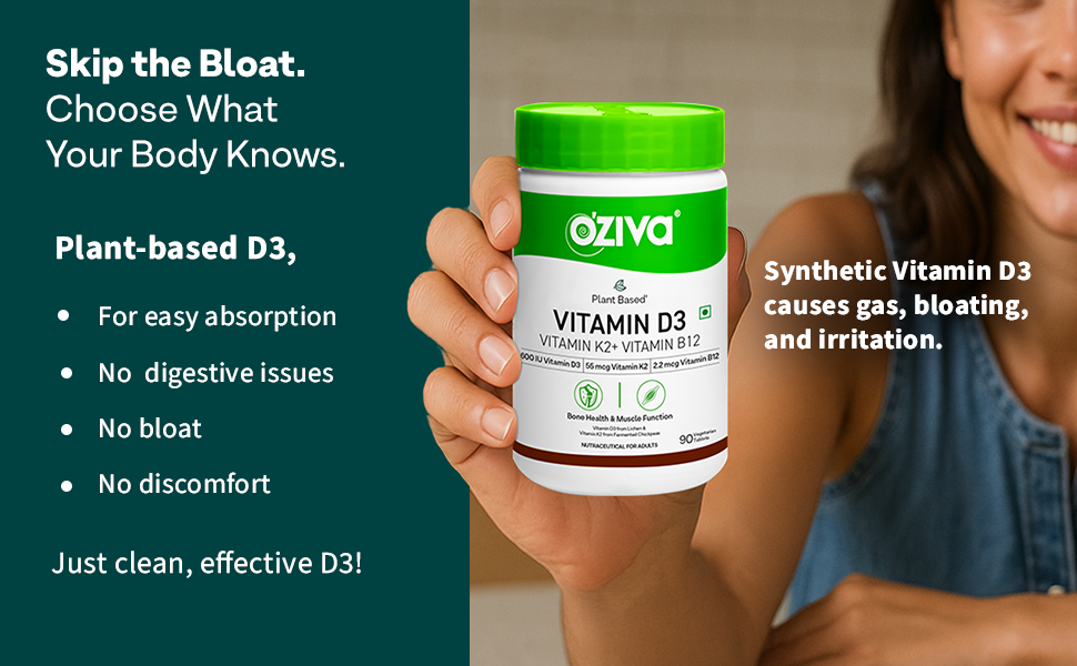 OZiva Vitamin D3, K2 & B12 | With Vitamin D3 For Stronger Bones, K2 (MK7) for Bone Density & B12 for Muscle Growth & Recovery - 90 Tablets