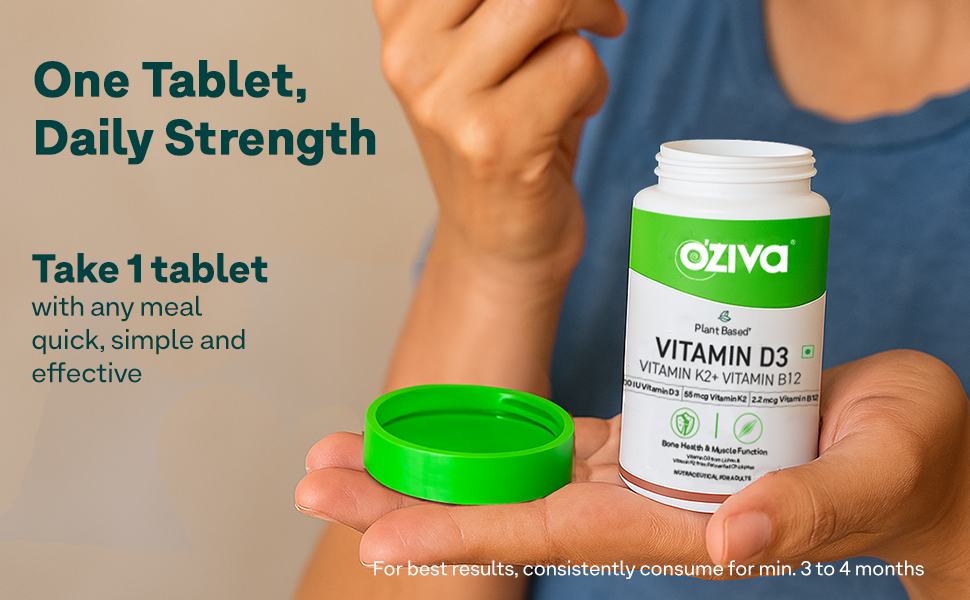 OZiva Vitamin D3, K2 & B12 | With Vitamin D3 For Stronger Bones, K2 (MK7) for Bone Density & B12 for Muscle Growth & Recovery - 90 Tablets