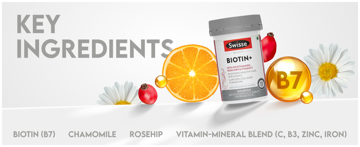 Swisse Biotin+ New Improved Formula with 100% RDA of Biotin (Manufactured In Australia) Boosts Keratin Levels, Reduce Hair Loss and Promote Regrowth with Nicotinamide, Rose Hips & Vitamin C For Healthy Hair, Skin & Nails For Both Men & Women (30 Tablets)