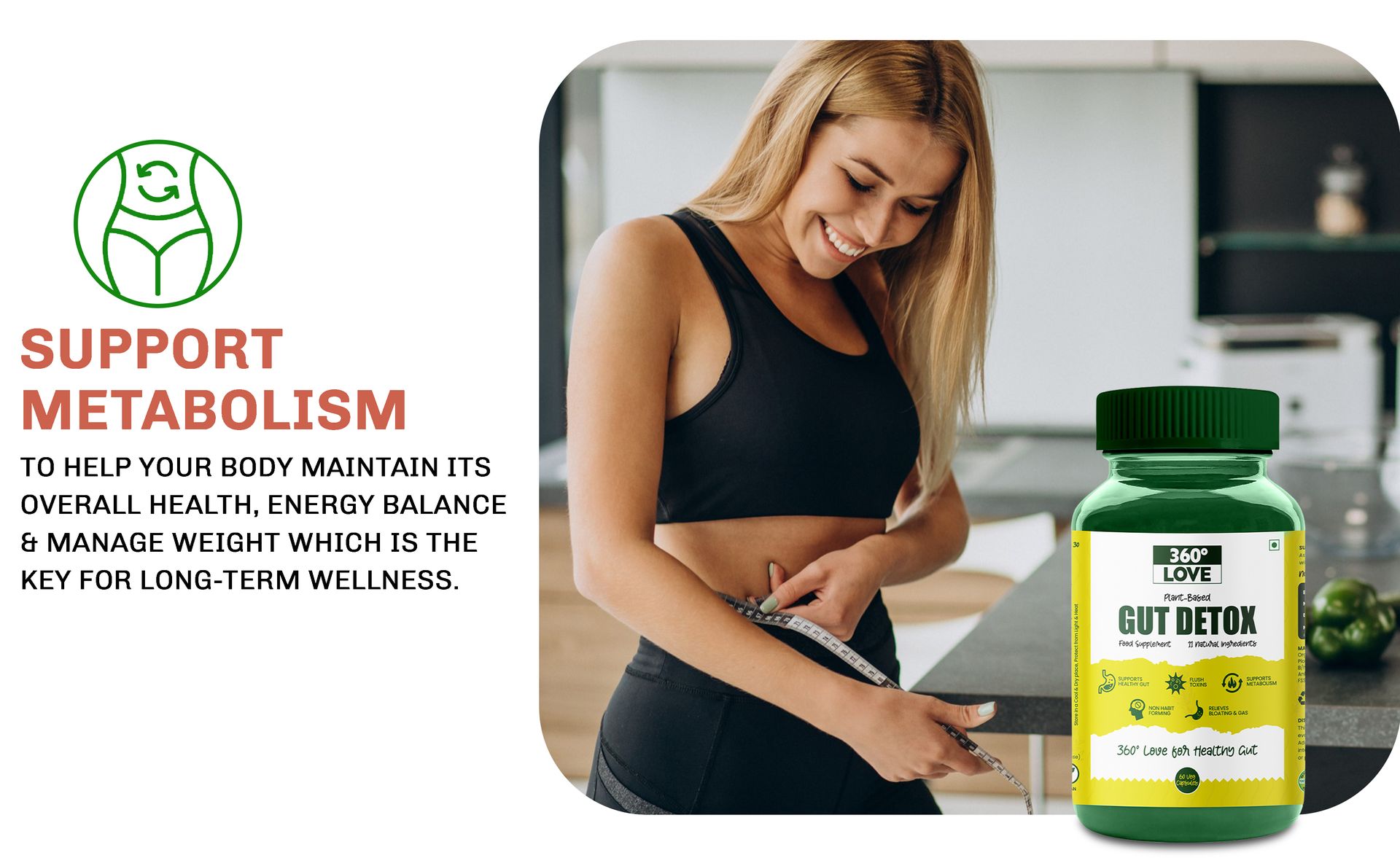 Plant Based Gut Detox with 11 Natural Ingredients | Supports Metabolism & Healthy Gut | Improves Digestive Health - 60 Veg Capsules