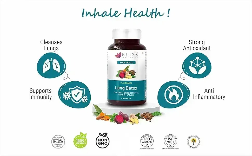 Bliss Welness Lung Detox,Curcumin Stinging Nettle Arjuna Vasaka Beetroot Punerneva Trikatu Kateri Echinecea Piperine (1 Month Pack (60 Tablets))