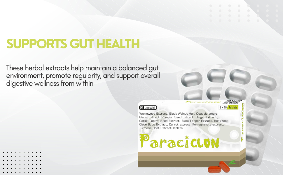 Paraciclon Ayurvedic Gut Cleanse Detox | Wormwood, black walnut clove | Stomach intestine health | Support Detoxification, Heavy Metals, Infections, Residues, Flush Toxins & Harmful Microbes - 30 Tablets