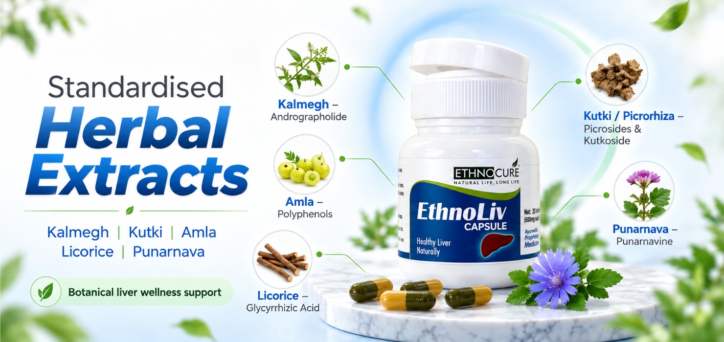 EthnoLiv – Ayurvedic Liver Detox & Metabolism Support Capsules | Fatty Liver Support, Detox & Cleanse | Improves Health, Digestion & Metabolism | Herbal Supplement with Ayurvedic Herbs | 120 Capsules, Pack of 4