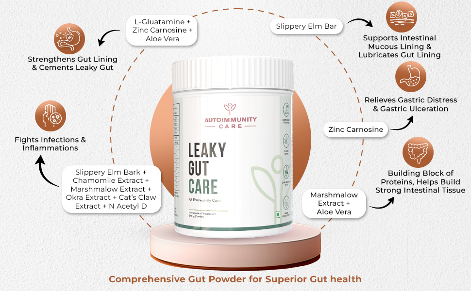 Autoimmunity Care Leaky Gut Care – L Glutamine Powder with Zinc Carnosine, Aloe Vera & More | Gut Repair Supplement for Men & Women | Gut Health Supplements, Infection & Anti-Inflammatory Support | 180 g (30 Servings)