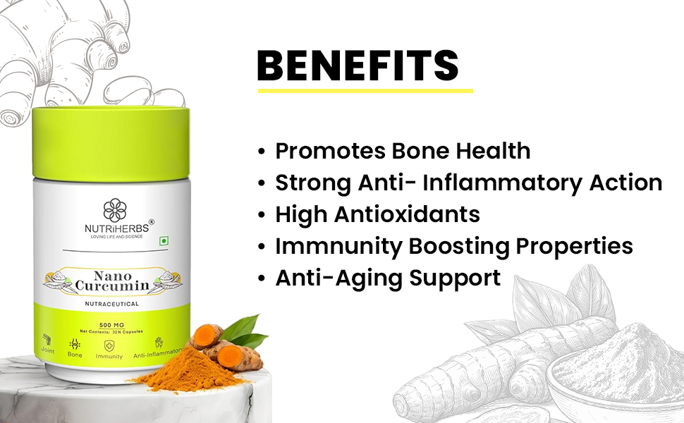NUTRIHERBS Nano Curcumin 500mg Capsules | Immunity Booster for Men & Women | Joint Pain Relief & Digestion Support | Turmeric Curcumin for Better Absorption | 60 Capsules