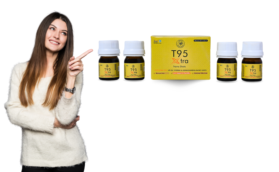 T95 XTRA Nano Shots Curcumin 95%, Vitamin D, Piperine 95% and Ashwagandha Nano Shots, Orange Flavour, 4 Bottles of 5ml | Anti inflammatory Supplement for Adults | Good For Skin & Joint pains