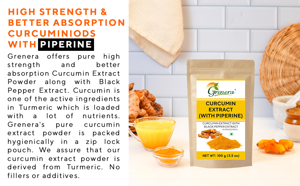 Grenera Curcumin Extract with Piperine Extract (Superior Turmeric, Black Pepper Extract) Immune & Joint Support, Maximum Absorption, 100 grams
