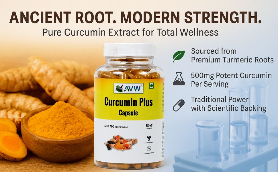 AVW Curcumin Plus 500mg Capsules | Anti inflammatory Supplement for Adults | With Turmeric & Black Pepper with Enhanced Bioavailability for Joint & Immune Support 60 Capsules