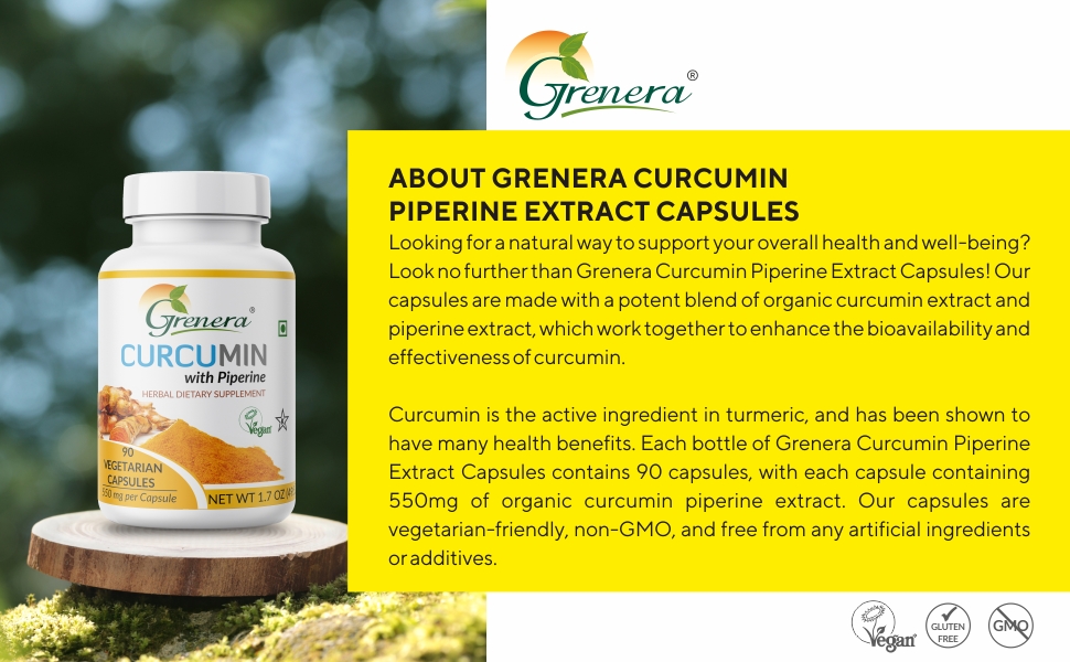 Grenera Curcumin Piperine Extract Capsules 1100 mg | Non GMO, Gluten Free