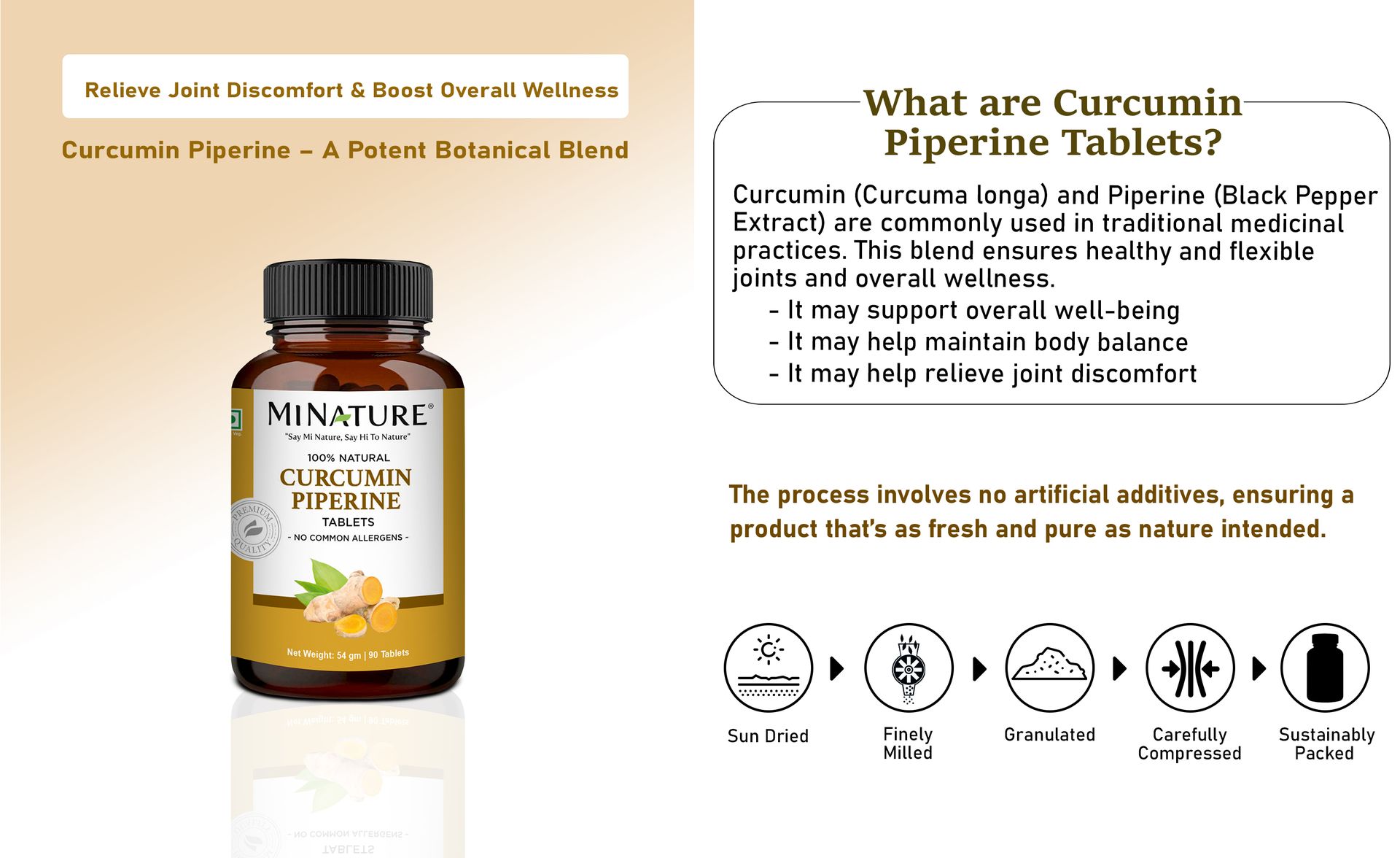 mi nature Curcumin Peperine Tablet | 95% Curcuminoids Extract with Peperine Extract | Acts Immune Booster |90 Tablet, 54Gram, 500mg