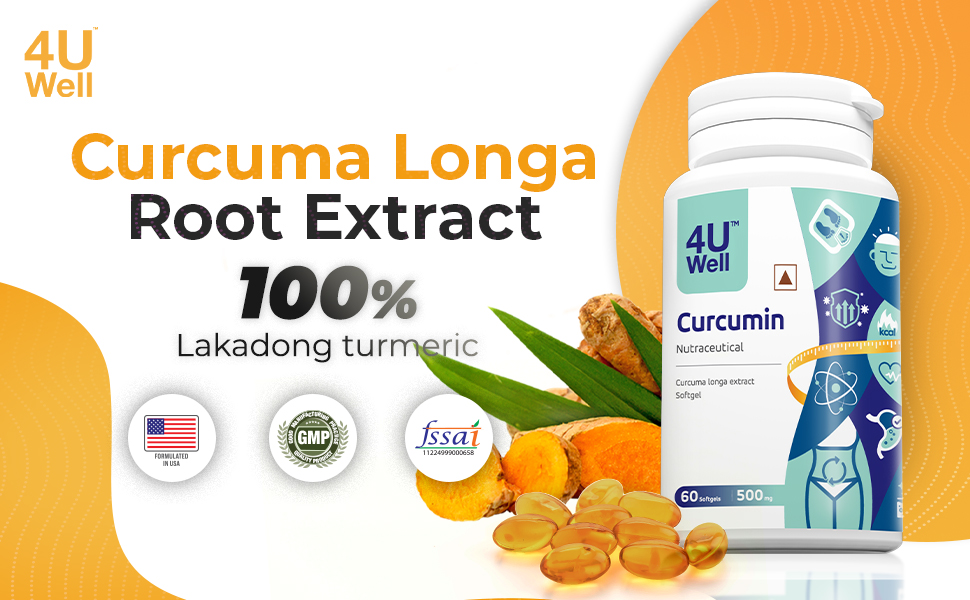 4UWell Curcumin Tablets 500mg with Turmeric Extract | Anti Inflammatory & Antioxidant Supplement | Supports Joint Health, Immunity & Weight Management | Men & Women Wellness | 60 Softgels