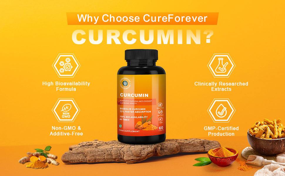 CUREFOREVER Turmeric Curcumin Tablets with BioPerine & Black Pepper Extract | High Absorption Curcumin Supplement for Joint, Immunity & Antioxidant Support | 600 mg Curcumin Blend | 60 Tablets