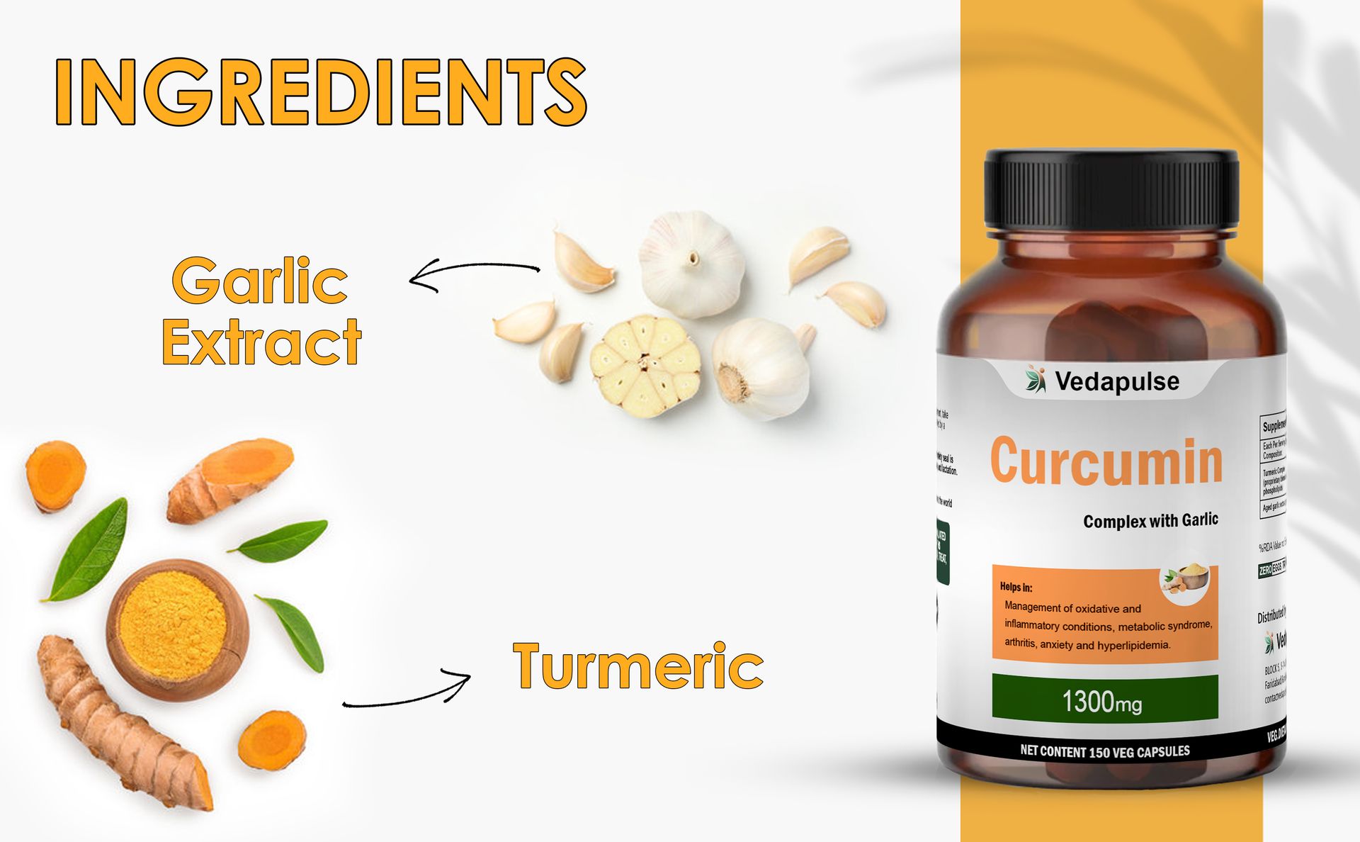 Curcumin 1300 Mg Complex with Garlic and Black Pepper | For Joint and Skin Health | Inflammatory Support Supplement for Men & Women | 150 Capsules