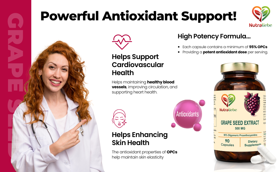 OPC Grape Seed Extract Capsules - Minimum 95% OPCs, Powerful Antioxidant Support, 90 Capsules