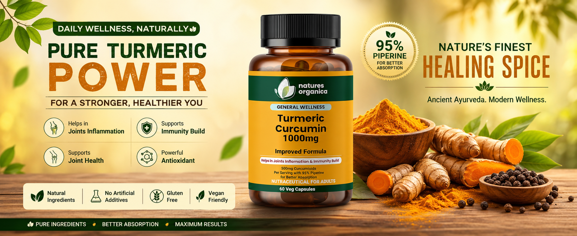 Turmeric Curcumin for Joint Support | 60 Capsules | Piperine & 95% Curcuminoids | Anti Inflammatory Supplement