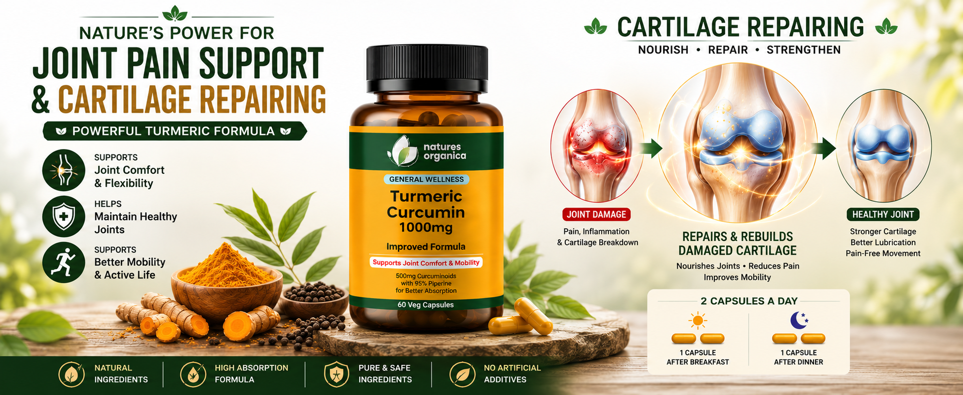 Turmeric Curcumin for Joint Support | 60 Capsules | Piperine & 95% Curcuminoids | Anti Inflammatory Supplement