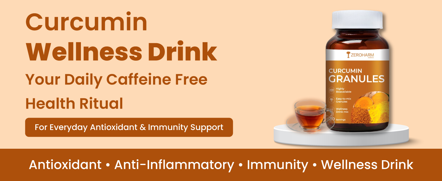 ZEROHARM Curcumin Granules from Turmeric | Easy-Mix Golden Wellness Drink for Immunity & Skin Health | Highly Bioavailable | No Mess, No Powder | Tea & Coffee Alternative for Men & Women | 100 Grams