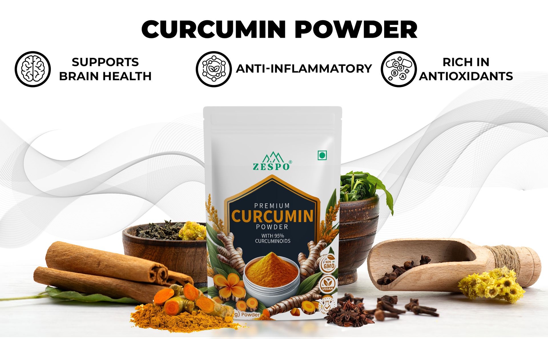 Zespo Organic Turmeric Curcumin Powder 60g, Haldi Herbal Supplement