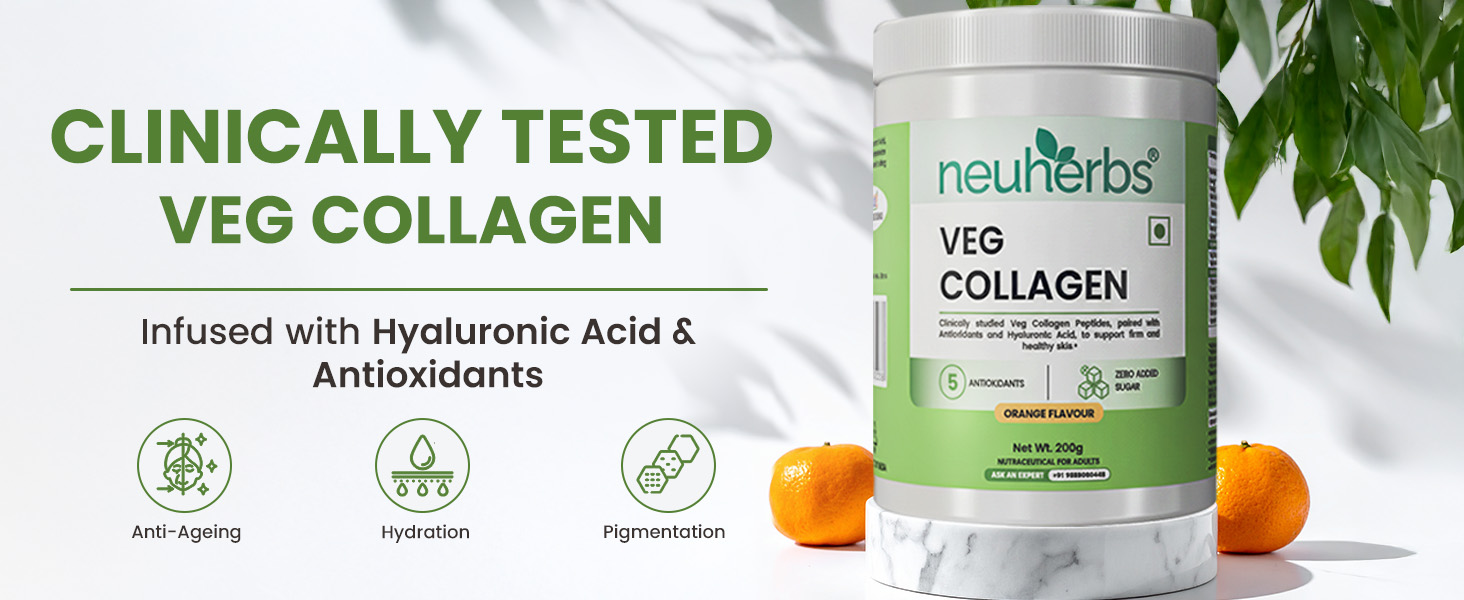 Neuherbs Collagen Supplement Powder | Veg Collagen Peptides for Men & Women | With Hyaluronic Acid & Vitamin C for Glowing & Youthful Skin | Zero Added Sugar | Orange Flavour, 200g