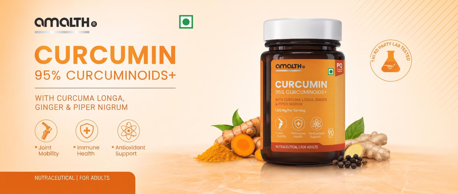 Amalth Curcumin 95% Curcuminoids+ Tablets | Curcuma Longa Extract with Ginger Extract & Black Pepper Extract (95% Piperine) | Turmeric Curcumin Supplement | Gluten Free Nutraceutical Formula | 90 Tablets