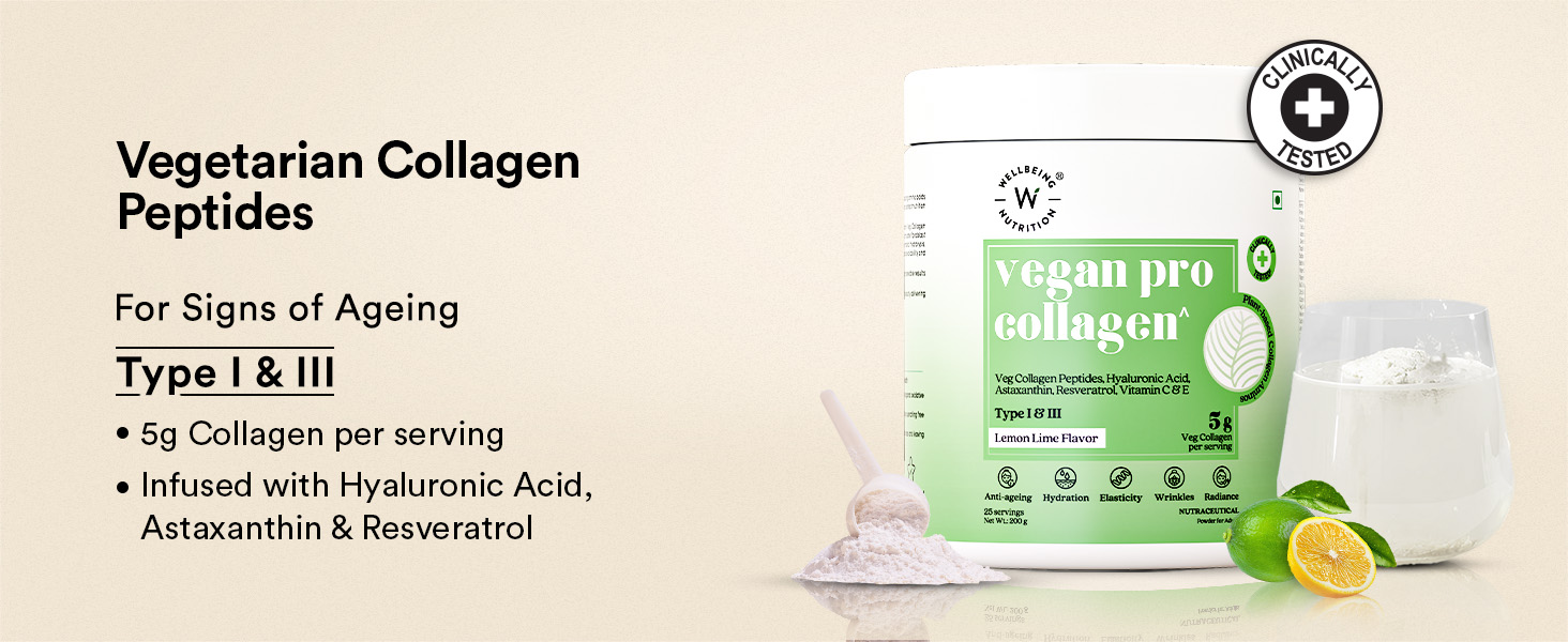 Wellbeing Nutrition Vegan Pro Collagen Peptides Supplement for Skin and Hair | 100% Plant Based 5 gms Collagen, Lemon Lime, 200 gms