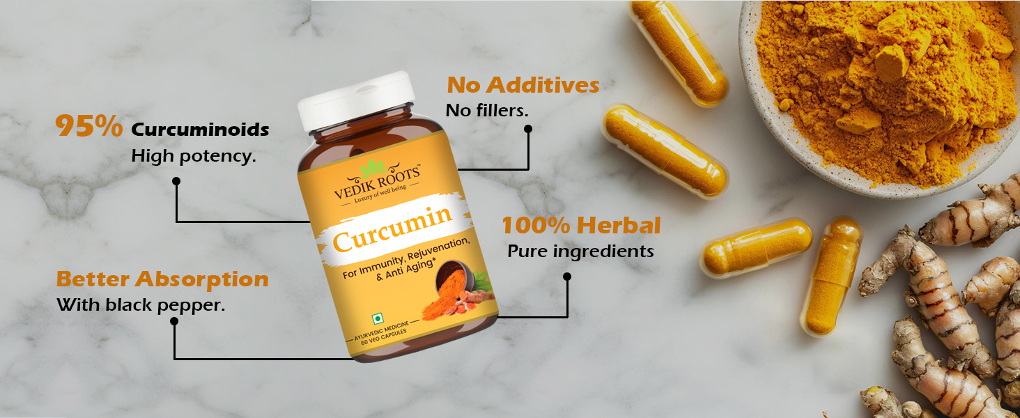 Curcumin Tablets with Piperine and 95% Curcuminoids | Anti-inflammatory Supplement for Adults | Turmeric, Ginger & Black Pepper | 180 Veg Capsules | Pack of 3