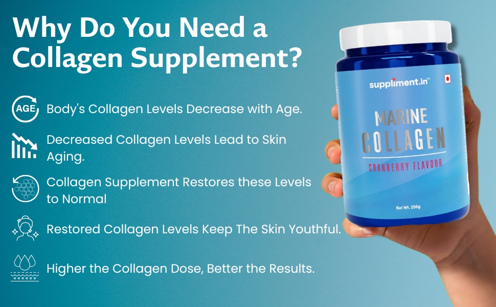 HealthAid Marine Collagen - 250gm Powder| Sugar-Free Collagen Supplement for Women & Men | Increases Skin Hydration |Reduces Skin Damage | Supports Healthy Skin, Hair & Nails| Cranberry Flavour