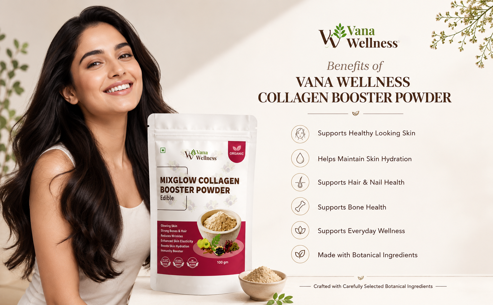 VanaWellness Pure Natural Mix Glow Collagen Booster Powder for Promotes Skin Elasticity Hair Strength & Healthy Nails (100 gm)