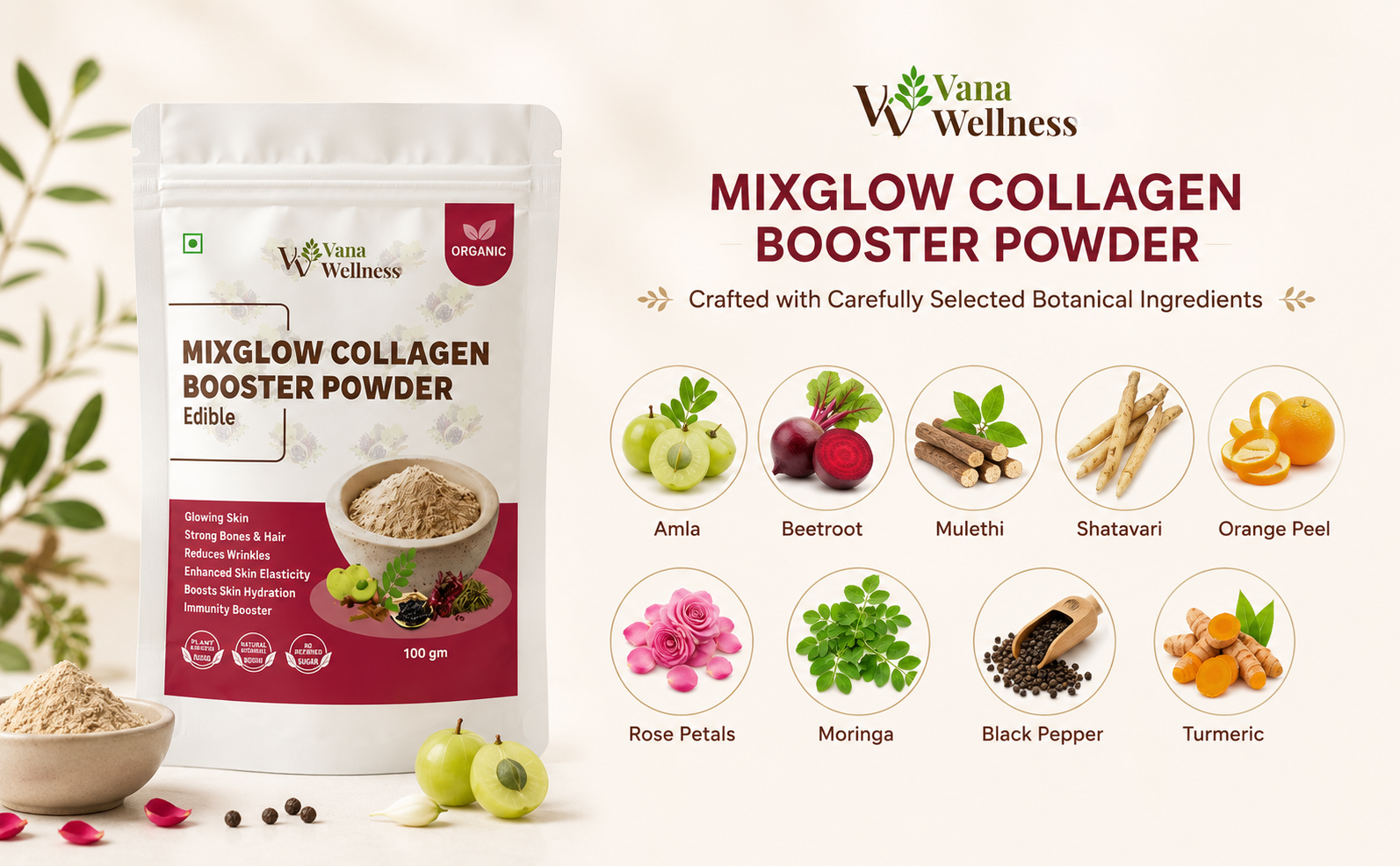 VanaWellness Pure Natural Mix Glow Collagen Booster Powder for Promotes Skin Elasticity Hair Strength & Healthy Nails (100 gm)