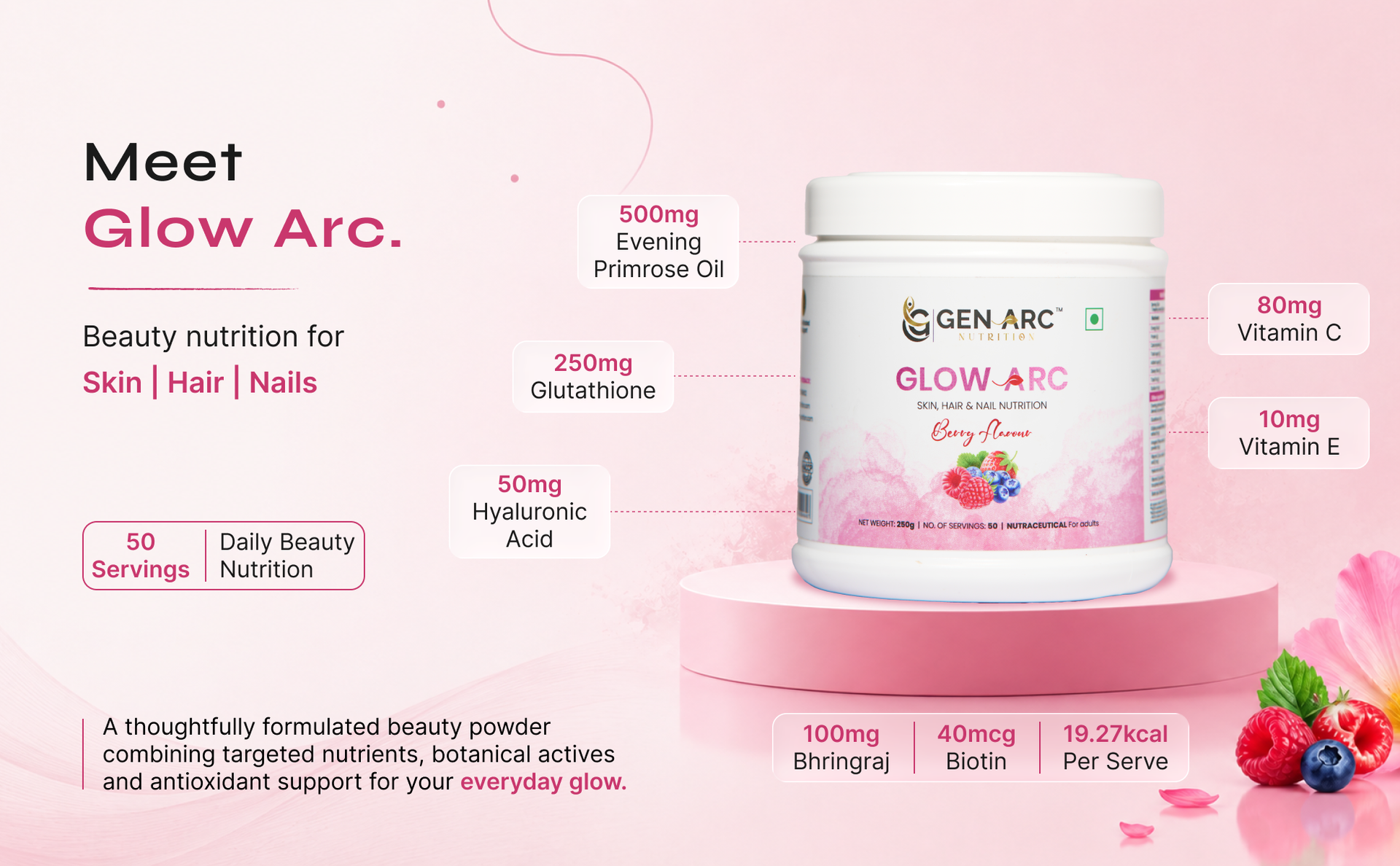 Glow Arc Skin, Hair & Nail Supplement | Glutathione, Hyaluronic Acid, Evening Primrose Oil, Vitamin C & E | Antioxidant & Skin Health Support | Berry Flavour | 250 g