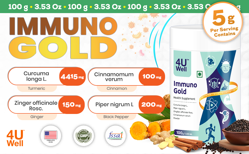 Immuno Gold Health Supplement | Turmeric Extract with Ginger | Supports Immunity, Digestion & Joint Care | Herbal Wellness Drink Mix, 100g