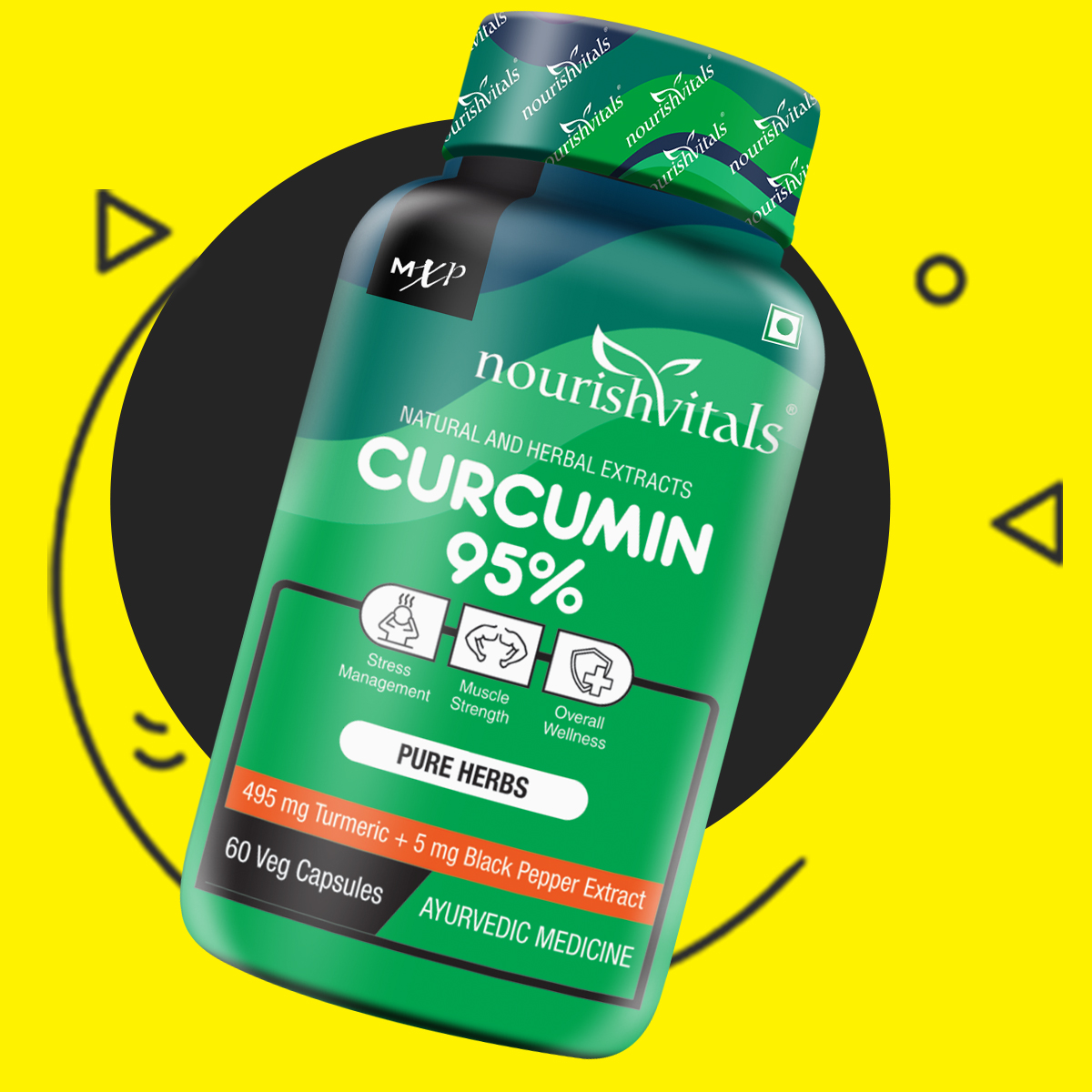 NourishVitals Curcumin 95% Curcuminoids, 500 mg Turmeric with Piperine Extract Supplement, 60 Veg Capsules