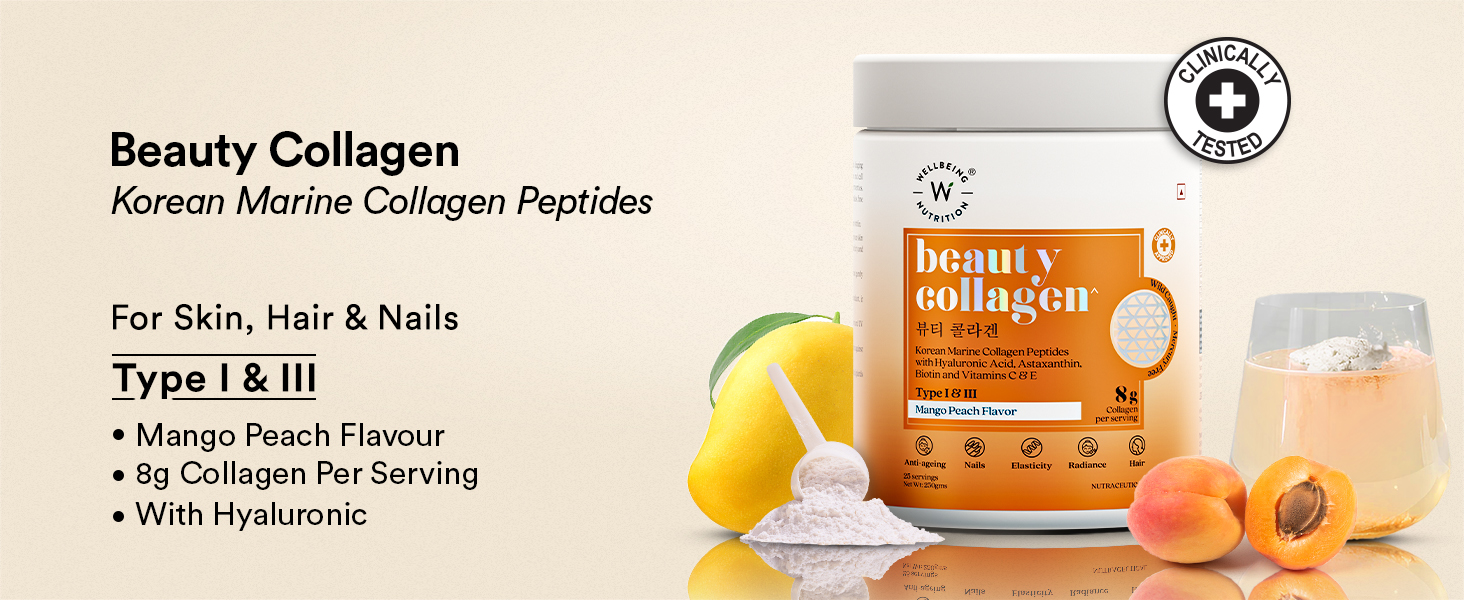 Wellbeing Nutrition Beauty Collagen with Hyaluronic Acid | Collagen Supplements for Women & Men | Collagen Powder with Biotin and Vitamins for Skin Radiance & Anti-Aging | 250g - Mango Peach Flavor