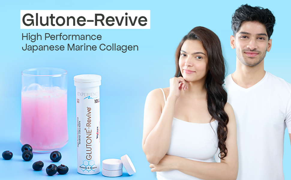 Glutone-Revive Effervescent Collagen Tablets – 2500 mg Wellnex Di-Peptide Marine Collagen|Supports Skin Hydration, Elasticity, Smooth Texture | For Men & Women | 20 Blueberry Flavour Tablets