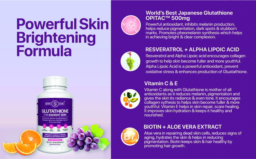 Nature's Island Japanese Glutathione 500mg with Vitamin C & E, Biotin, Resveratrol, Alpha Lipoic Acid, Aloe Vera, Antioxidants for Clear, Glowing Skin, 30 Veg Capsules