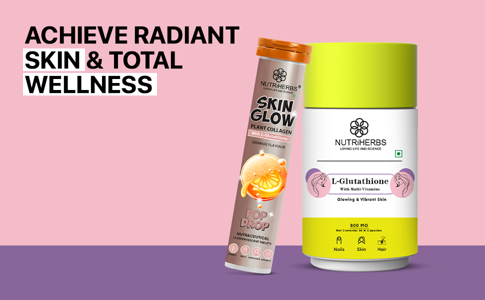 NUTRiHERBS L-Glutathione & Skin Glow Combo – 30 Capsules & 30 Effervescent Tablets | Plant-Based Collagen Booster Supplement with Vitamin C, E & Biotin | Support Skin Brightening, Anti-Aging & Hair Support