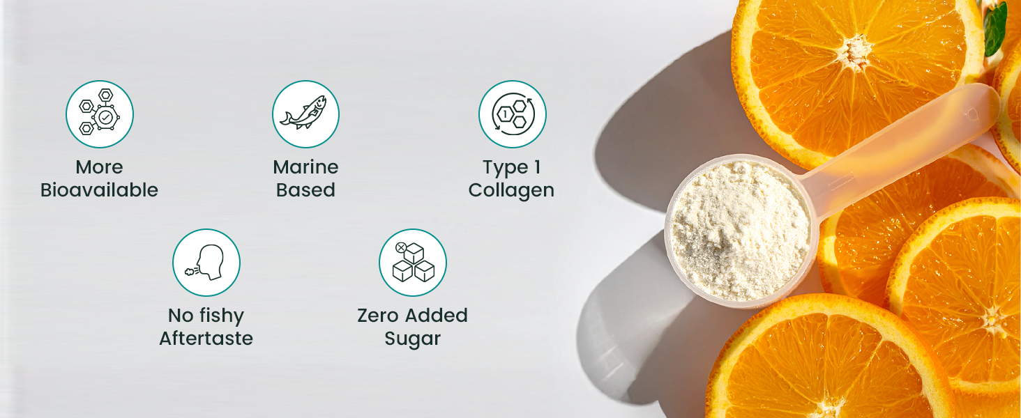 Neuherbs Collagen Supplement | Marine Skin Glow Collagen Peptides for Men & Women | With Hyaluronic Acid, Biotin, Vitamin C & E for Glowing & Youthful Skin | Orange Flavour, 200g