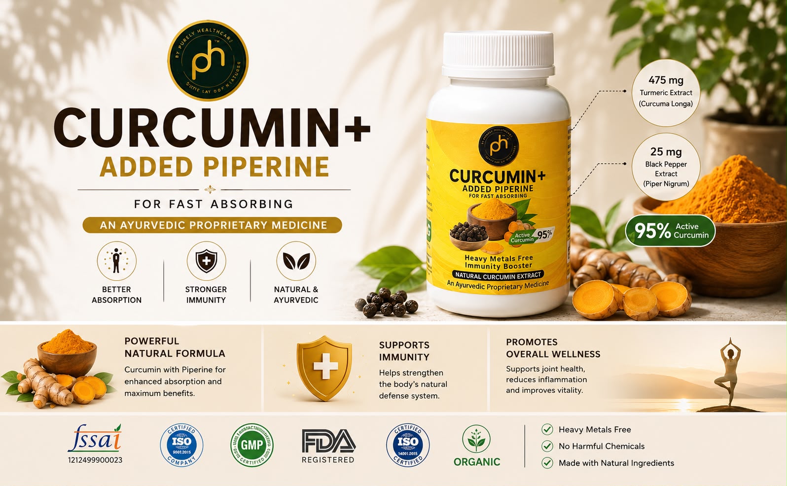 PHs Organic Curucumin+ Tablets 500mg with Piperine | 60 Tablets | Heavy metals free 10+ curcumin Turmeric | Immune booster blood thinner Curcumin Tablets