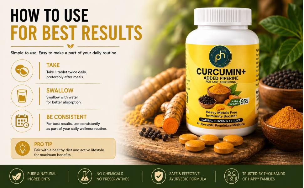 PHs Organic Curucumin+ Tablets 500mg with Piperine | 60 Tablets | Heavy metals free 10+ curcumin Turmeric | Immune booster blood thinner Curcumin Tablets