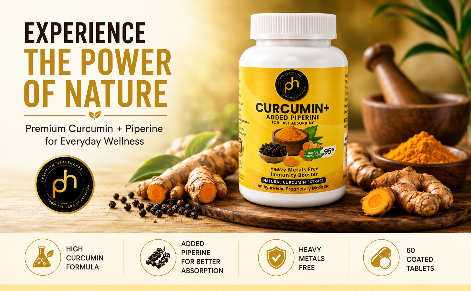PHs Organic Curucumin+ Tablets 500mg with Piperine | 60 Tablets | Heavy metals free 10+ curcumin Turmeric | Immune booster blood thinner Curcumin Tablets