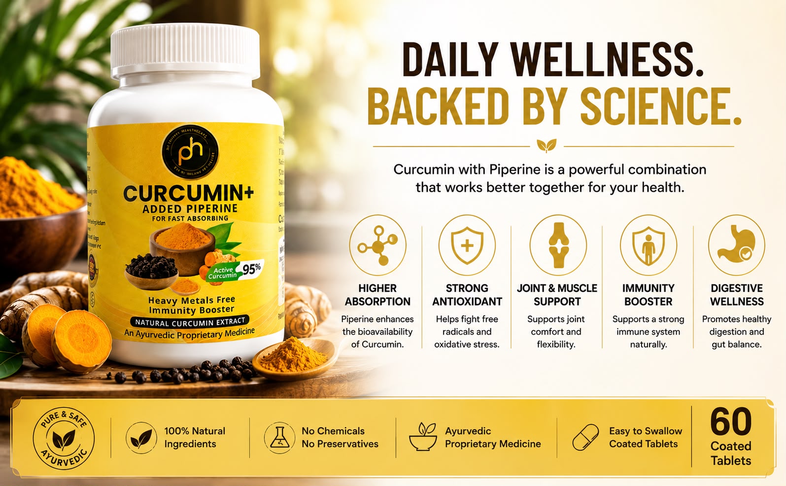 PHs Organic Curucumin+ Tablets 500mg with Piperine | 60 Tablets | Heavy metals free 10+ curcumin Turmeric | Immune booster blood thinner Curcumin Tablets