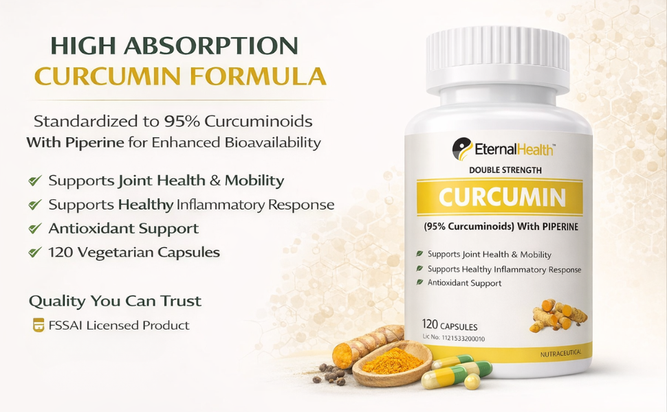 Eternalhealth Curcumin High Absorption Double Strength Supplement with Piperine (Ultra Pure) 95% Curcuminoids for Joint Support - 120 Vegetable Capsules