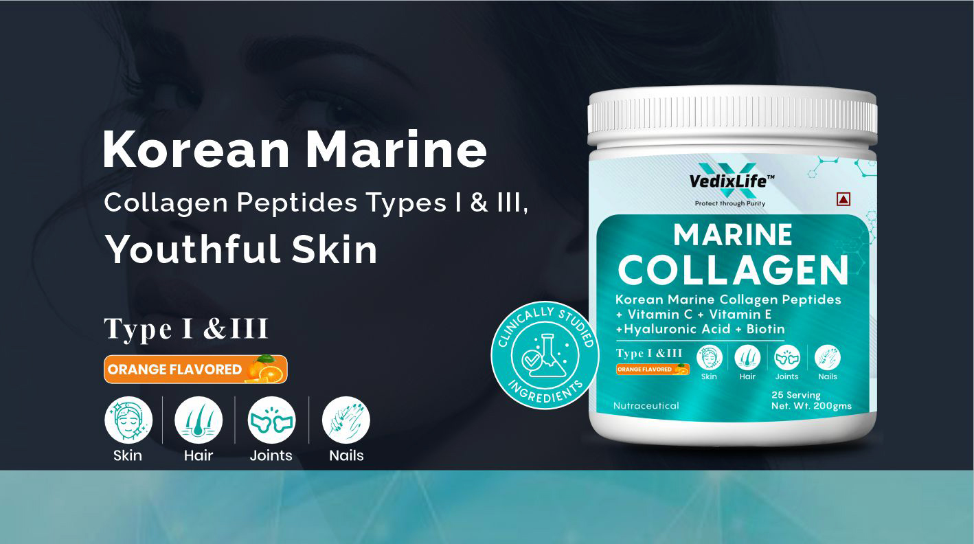 Marine Collagen Powder with Hyaluronic Acid, Vitamin C & E, Biotin | Supports Healthy Skin, Hair, Nails, Bone & Joint | Orange Flavour | count,25 servings (Pack Of 1)