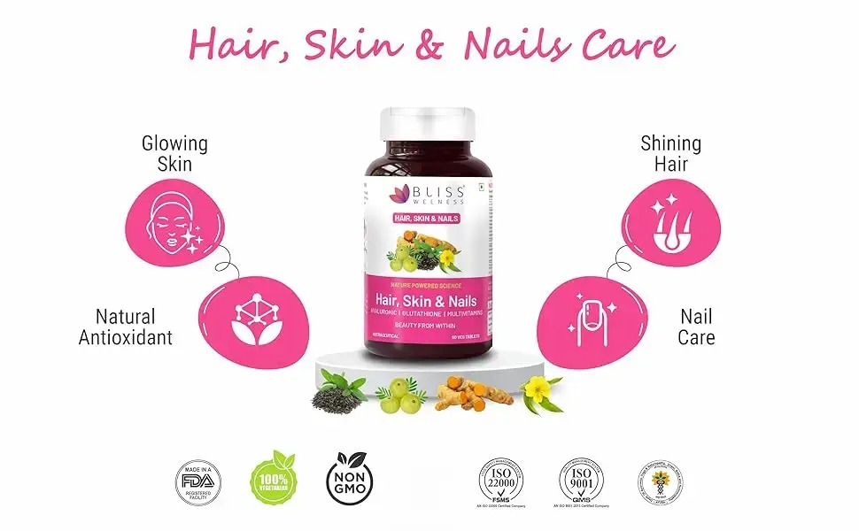 Bliss Welness Hair Skin Nails Multivitamins with Hyaluronic Acid Glutathione Biotin | Improved Hair Growth Stronger Nails Glowing Skin Collagen Supplement for Women & Men - 60 Vegetarian Tablets