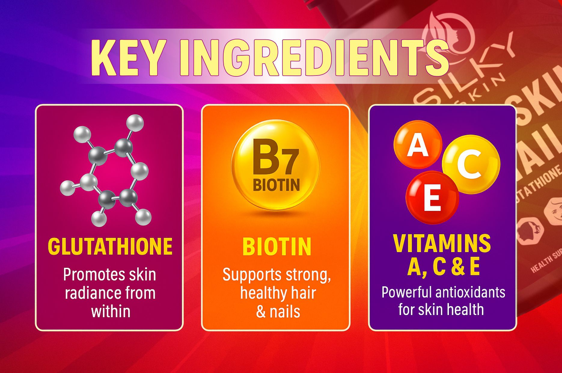 Silky Skin Hair, Skin & Nails with Glutathione & Biotin | Vitamins A, C, E, D3,K2, Zinc & Grape Seed Extract | 60 Caps | For Skin Radiance, Strong Nails & Healthy Hair