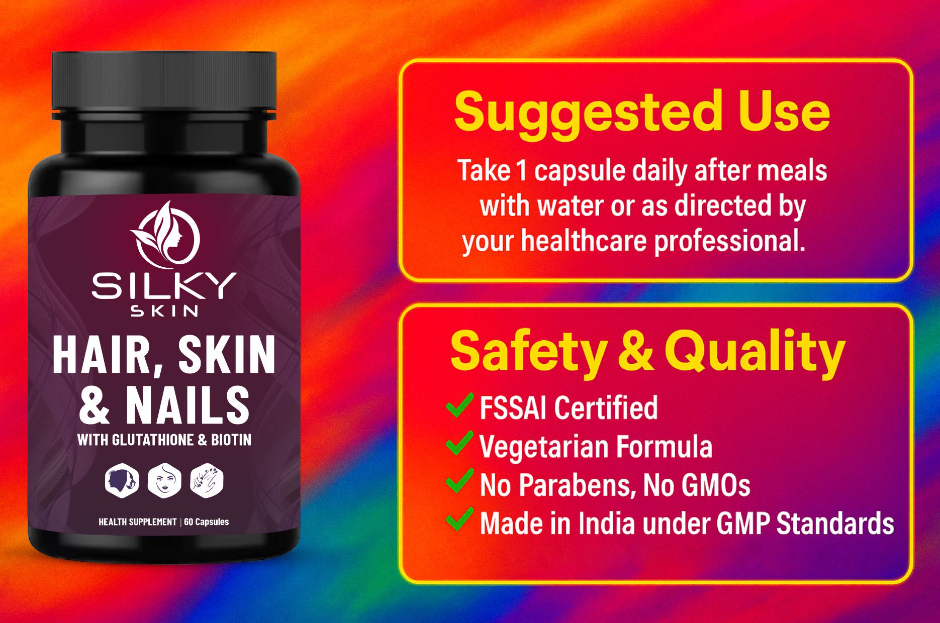 Silky Skin Hair, Skin & Nails with Glutathione & Biotin | Vitamins A, C, E, D3,K2, Zinc & Grape Seed Extract | 60 Caps | For Skin Radiance, Strong Nails & Healthy Hair